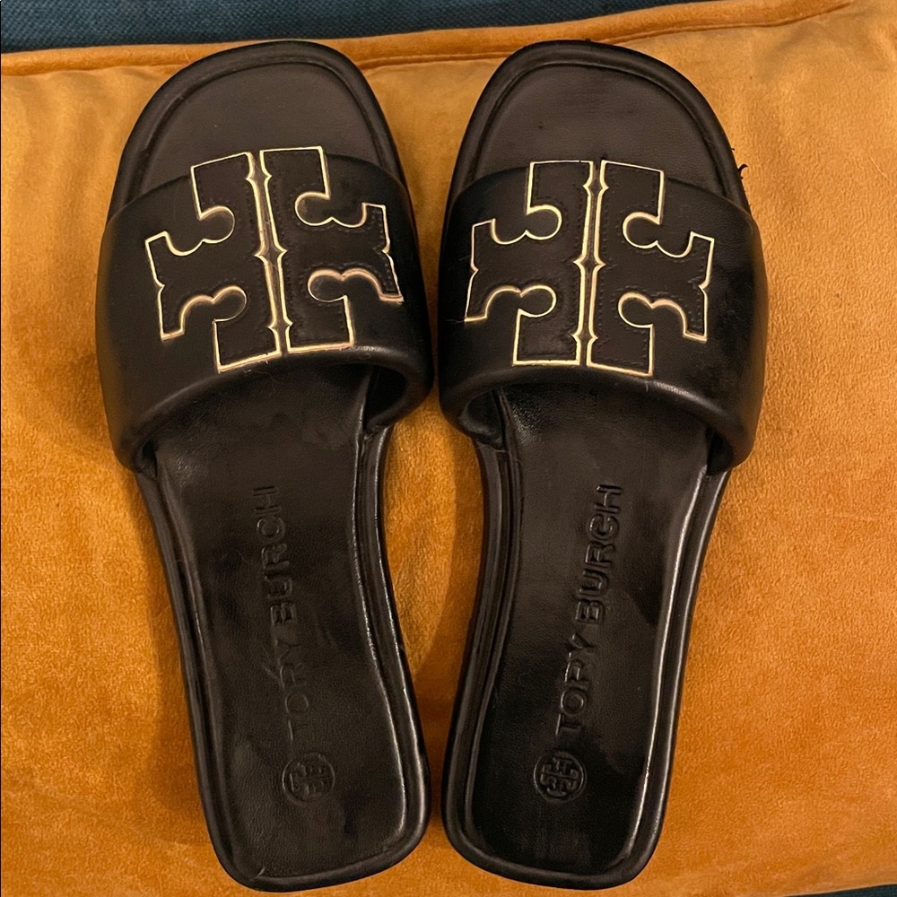 Tory Burch Black and Gold Slide Sandals